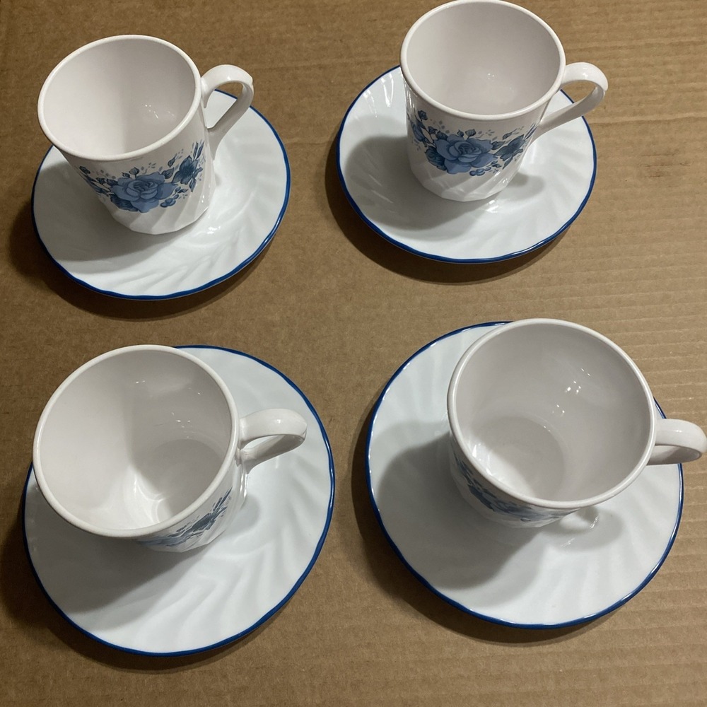 Corning Ware Corelle Blue Velvet Rose Set Of 4 Coffee Mugs Cups & Saucers Set 1